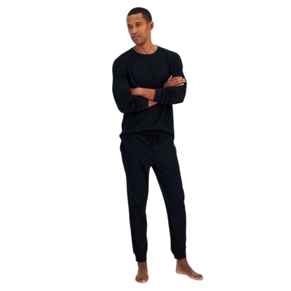 Club Room Pajama Set XL Black‎ Waffle Knit Long Sleeve Shirt Pants Loungewear